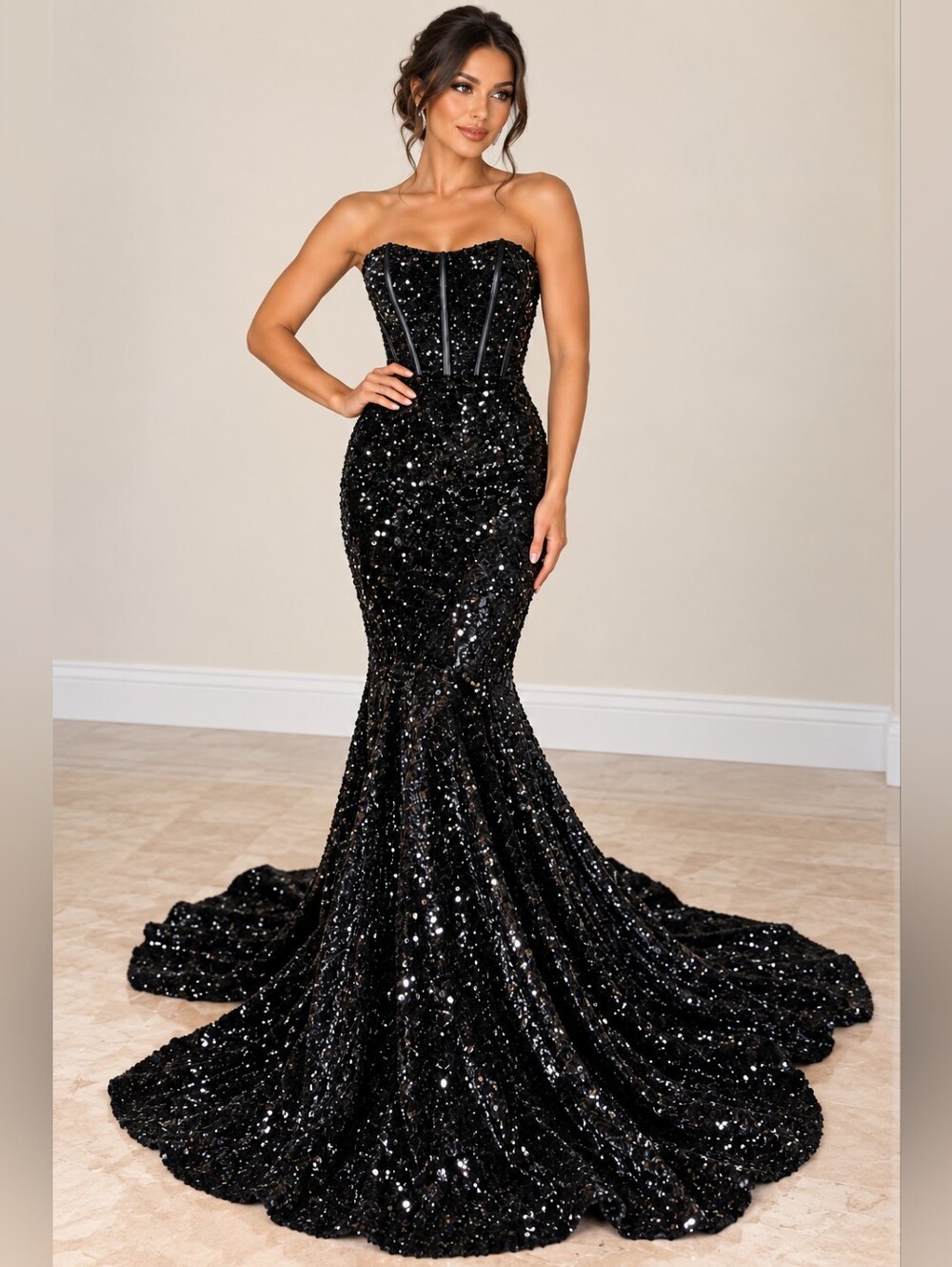 ALGLIST Black Sequin Mermaid Gown M Strapless Corset Prom Formal Dress Train